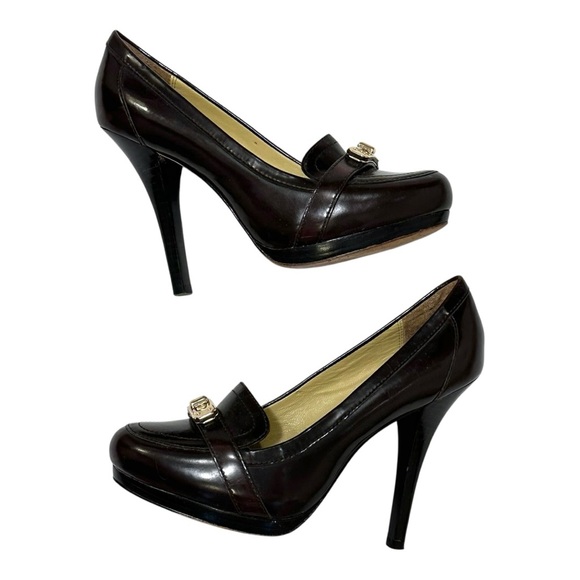 COACH Luisa Dark Brown Gold Logo Toggle Platform Heels Pumps 7.5 - Picture 11 of 16